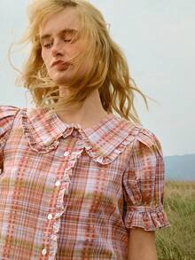 2026 Vestido bohemio mini de línea A con manga corta abullonada, cuello con volantes, abotonado, 100% algodón, para rodeo de Nashville, vacaciones, lindo atuendo para brunch - Naranja - Ver 4