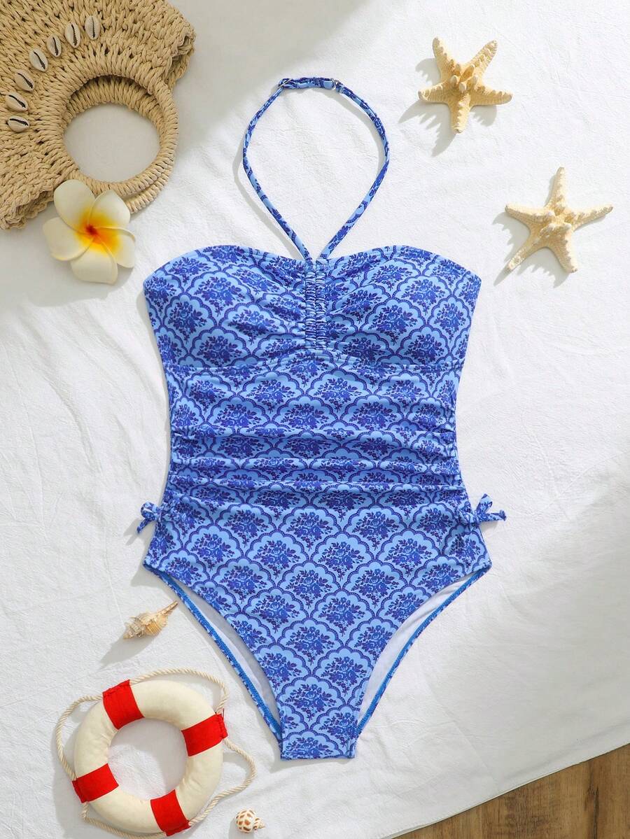 SHEIN 2pcs Girls' Tropical Floral Elastic Quick-Dry Comfortable Knit Fabric Tween Girl) One-Piece Swimsuit, Suitable For Beach, Pool, Seaside, Surfing, Vacation, Summer Travel Summer Outfits For Women Swimsuit Blue Print Swimsuit Bathing Suits For Women 1pc Swimsuit Full Coverage Swimsuit Blue Bathing Suit - Blue - View 1