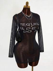 Mistrie Đầm dài tay in họa tiết xuyên thấu gợi cảm mới dành cho nữ, chất liệu lưới lụa, phong cách YK2 cá tính. - màu đen - Xem 4