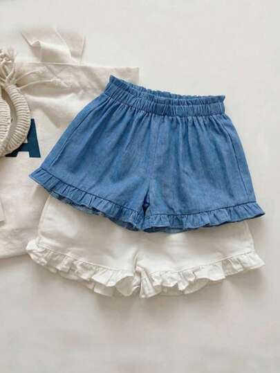 Set de 2 piezas de shorts casuales de unicolor con cintura elástica para niña bebé, ideal para vacaciones