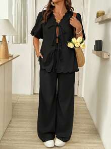 SHEIN Maternity Simple Solid Color Short Sleeve Top And Pants 2 Pieces Set - Black - View 3