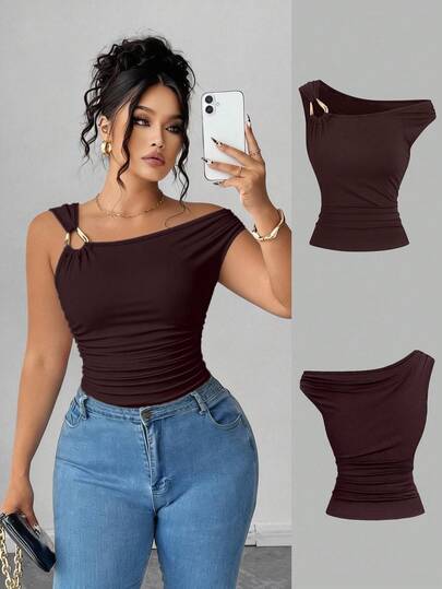 Elenzga Plus Size Women Asymmetric Collar Fitted Casual T-Shirt