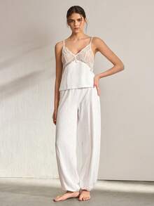 Ocili Conjunto de ropa de estar en casa informal con top de camisola de encaje y pantalones de pierna ancha para mujer - Blanco - Ver 7