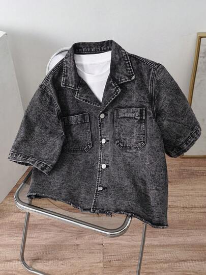 Manfinity Joysei Áo sơ mi denim ngắn tay nam, kiểu dáng thường ngày, phong cách vintage Mỹ.