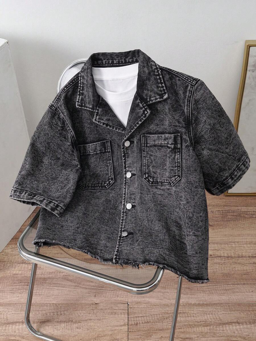 Manfinity Joysei 男士短袖牛仔衬衫，休闲新款美式复古牛仔上衣 - 黑色 - 查看 1