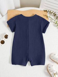 Newborn Baby Boy Cute Casual Solid Color Short Sleeve Romper & Shorts Set, Summer - Navy Blue - View 3