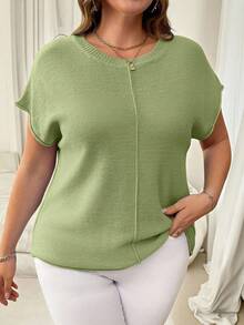 Vionelle Plus Size Solid Color Minimalist Knit Top, Suitable For Commuting - Green - View 3