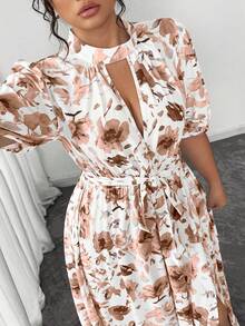 Elenzga 大码休闲夏季碎花沙滩度假浪漫优雅连衣裙 女士夏季连衣裙 女士优雅套装 - 橘色 - 查看 5