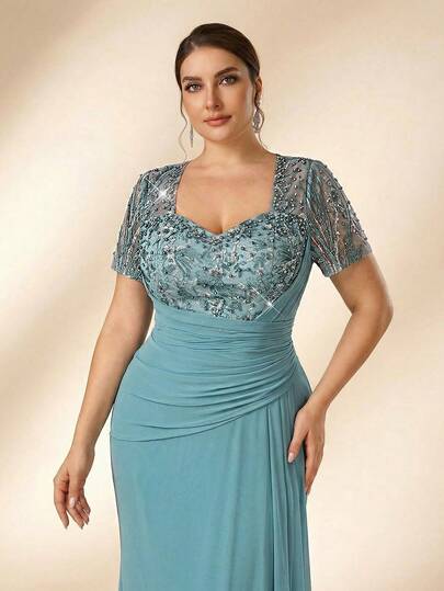 Serin Plus Size Elegant Romantic Mint Green Sweetheart Neck Puff Sleeve Luxury Embroidered Mesh Patchwork Pearl & Rhinestone Ruffle Mermaid Hem Formal Evening Gown (Intricate Design) Mother