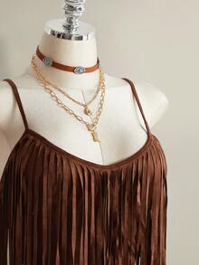 SHEIN ICON 大码女式纯色流苏吊带背心和迷你裙两件套，时尚约会流苏连衣裙，女士西部风情套装，波西米亚流苏套装，牛仔女郎套装，咆哮的二十年代套装，狂野西部套装，女士牛仔套装 - 棕色 - 查看 5