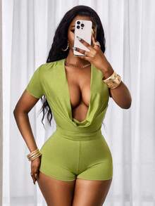 BamGleam Women's Neon Green Plunging Neck Short Sleeve Sexy Romper Bodysuits For Women Romper , Summer Clothes  , Summer Outfits For Women , Summer Outfits ,  Summer Outfit For Women ,Vacation Outfits Women Women Vacation Outfit Sets Yacht Outfit Women Matcha Holiday Outfits For Women Boat Cruise Outfit Women - Green - View 8