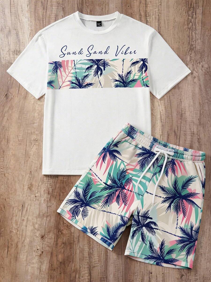 Manfinity Joysei Plus Size Men's Casual Vacation Tropical Coconut Tree Print T-Shirt And Shorts Set, Suitable For Summer Outings And Travel - White - View 1