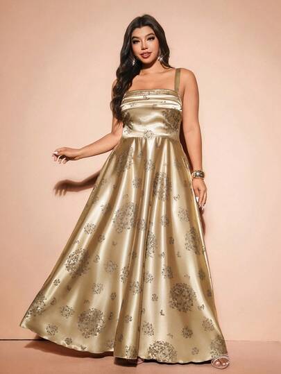 Cravure Plus Size Women's Satin Champagne Floral Print Lustrous Camisole Waist Flared Maxi Dress, Elegant For Party, Dinner Date, Fashion & Refined