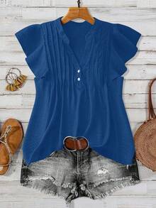 Linhara 大码女式纯色V领休闲百搭日常衬衫 - 藍色 - 查看 1