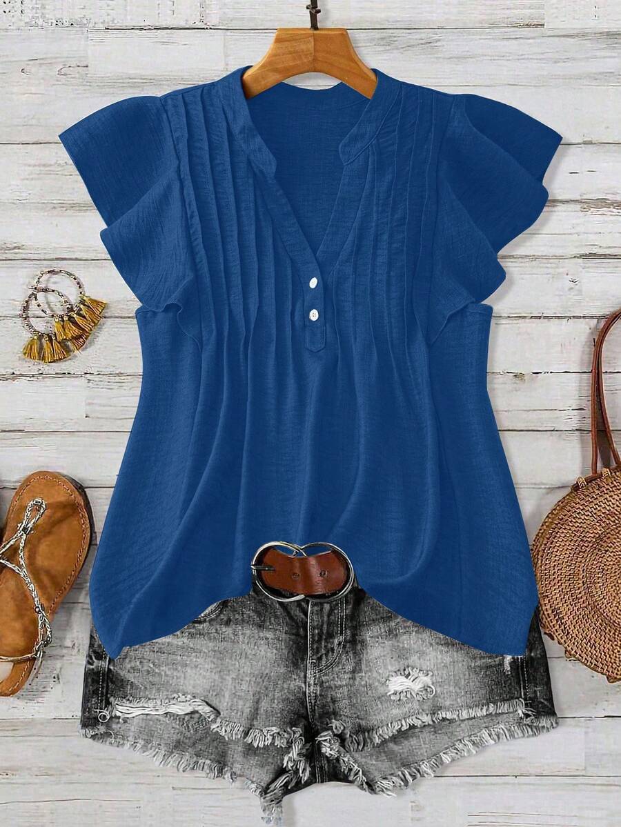 Linhara 大码女式纯色V领休闲百搭日常衬衫 - 藍色 - 查看 1