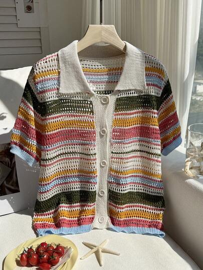 Comfortcana Blusa de punto de manga corta casual de uso diario con bloque de color y parches para mujer de talla grande