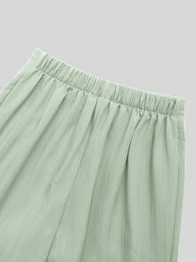 Pantalones sueltos con botones y rayas verticales texturizadas para niñas preadolescentes - Verde - Ver 6