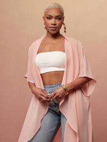 Vixey Áo khoác kimono maxi xếp nếp bằng vải chiffon mỏng nhẹ - Bụi hồng - Xem 5