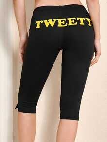 LOONEY TUNES X SHEIN 女士弹力腰带休闲百慕大紧身裤 - 黑色 - 查看 2