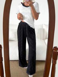 DAZY 2件套女士波点印花无袖上衣和直筒长裤睡衣套装，夏季 - 白色 - 查看 3