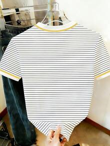 Resyla Áo thun nữ tay ngắn cổ tròn in họa tiết sọc và thêu hình quả chanh, kiểu dáng thường ngày, thích hợp cho mùa hè. - Nhiều màu - Xem 2