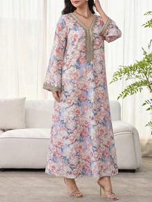 Al Najma 女士花卉印花钩编拼接长袖连衣裙，优雅端庄的A字型卡夫坦长袍，适合晚宴/婚礼宾客/周年纪念/日常穿着 - 淺粉色 - 查看 6