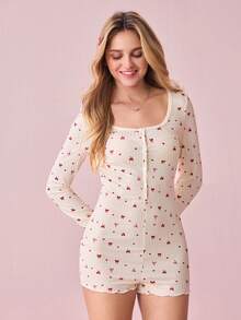 Bonmuse Women's Half-Zip Bow & Heart Print Cute Ribbed Knit Jumpsuit, Casual & Comfortable Long Sleeve - Multicolor - View 3