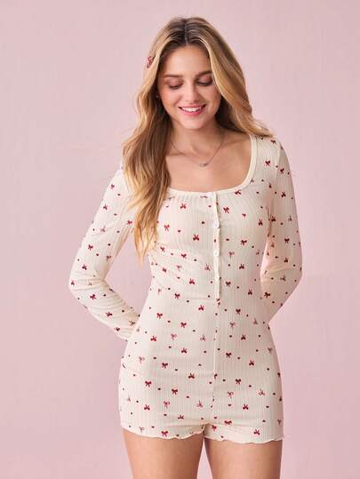 Bonmuse Women's Half-Zip Bow & Heart Print Cute Ribbed Knit Jumpsuit, Casual & Comfortable Long Sleevefor Summer