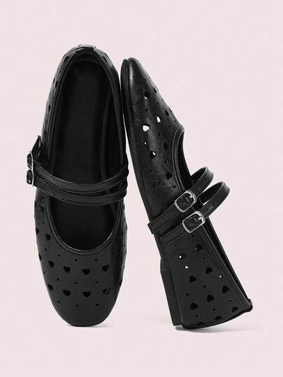 CUCCOO DOLLMOD Women Shoes Black Hollow Breathable Mary Jane Shoes, Double Buckle Design, Retro Comfortable Commuter Flat Shoes