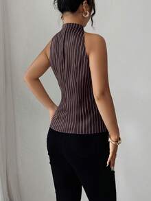 Elenzga Women's Striped Single-Breasted V-Neck Casual Halter Shirt - Coffee Brown - View 2