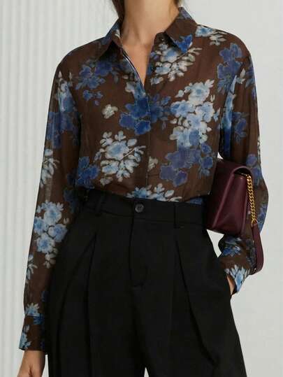 Aveloria Modichic Blouse transparente à manches longues, col chiffon, motif à pois noir et blanc, style minimaliste polyvalent. Convient pour la Saint-Valentin, le printemps et l'été