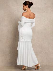 MaterniChic Maternity Solid Color Casual Off-Shoulder Dress - White - View 2