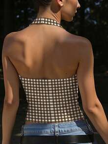 Zyxie 女士甜心领露背吊带格子无袖上衣，修身时尚，夏季必备 - 彩色 - 查看 2