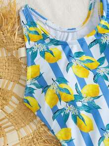 Swim SPRTY 新款女士优雅复古 Y2K 运动风连体泳衣 - 蓝白条纹柠檬印花无袖平角连体衣 - 顺滑弹力速干透气轻盈面料，修身显瘦，充满活力的夏日水果风情 - 完美适用于夏季度假、冲浪、泳池派对、海滩假期、度假村及热带之旅 - 彩色 - 查看 7