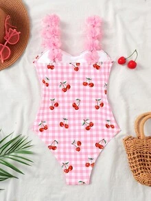 SHEIN 少女可爱粉色碎花格纹樱桃印花连体泳衣，沙滩度假 - 粉色 - 查看 4
