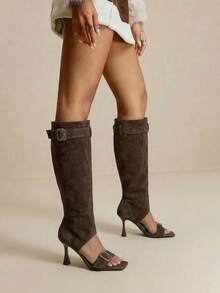 Daringsoles Giày nữ mùa xuân thu bùng nổ, hở mũi, khóa cài, mũi vuông, gót cao mỏng, quai kéo, màu kaki nâu, bốt đẹp, thích hợp đi ngoài trời. - màu nâu - Xem 7