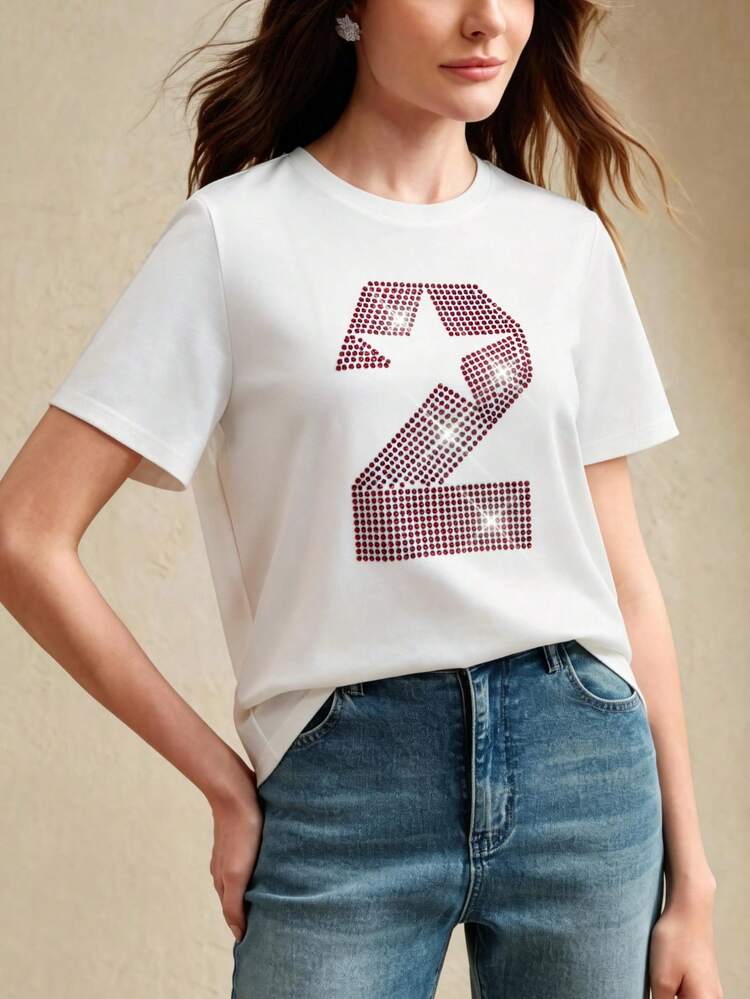 Women's Round Neck Casual Numeric Pattern Short Sleeve T-Shirt, Versatile For Daily Wear