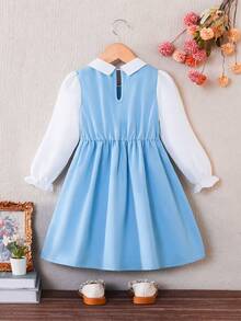 SHEIN Elladie kids 女童藏蓝色彼得潘领双排扣褶裥下摆长袖两用连衣裙，适合休闲、优雅、可爱日常、通勤和上学穿着。 - 淺藍色 - 查看 2