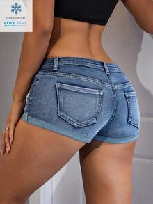 SHEIN ICON 女士口袋修身休闲高街牛仔短裤 - 中等水洗藍 - 查看 2