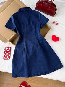 Vestido de mezclilla casual de manga corta con botones y cuello polo para mujer, vestido de verano, vestido de Navidad, vestido de San Valentín, vestido de Año Nuevo, vestido de fiesta para mujer, vestido elegante para mujer, vestido casual pa - Azul lavado oscuro - Ver 2