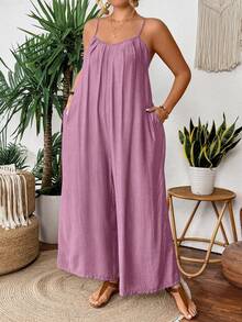 SHEIN Clasi Bộ áo liền quần ống đứng màu xanh nhạt, xếp ly phía trước. - Hồng - Xem 3