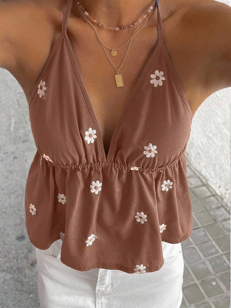 Women's Summer Vacation Floral Embroidery All-Over Print Spaghetti Strap Casual Tank Top