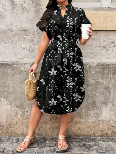 EMERY ROSE 优雅的纹理树叶印花大码连衣裙，适合夏季度假