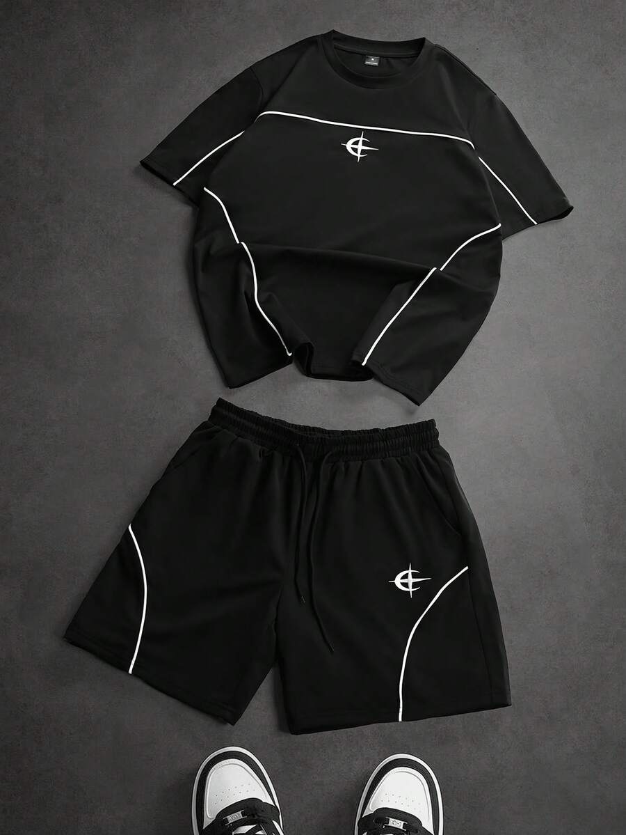 PAVTROS Bộ đồ nam tối giản in họa tiết, gồm áo thun ngắn tay cổ tròn và quần short, thích hợp cho mùa hè. - màu đen - Xem 1