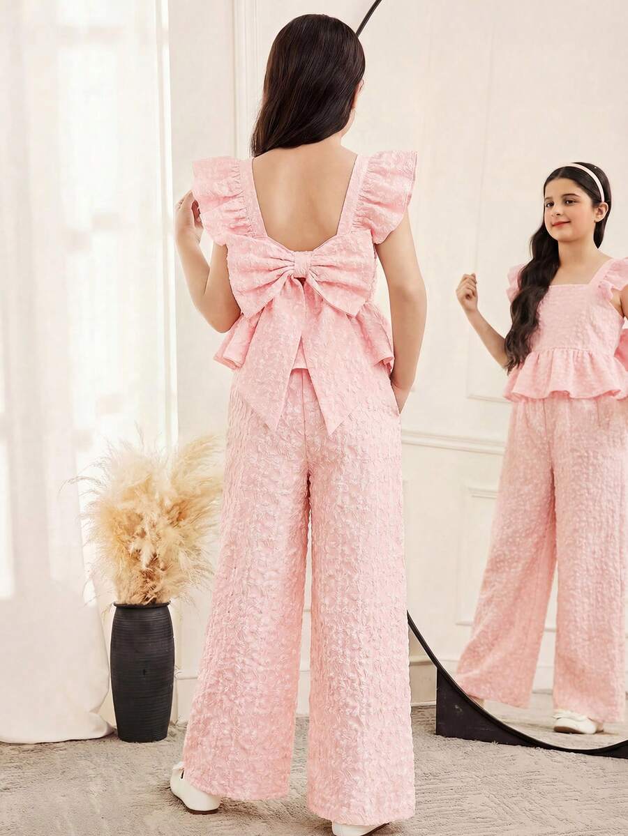 SHEIN 2 piezas Conjunto informal de camisa y pantalones con recorte de volantes y patchwork para niñas preadolescentes - Rosa Pálido - Ver 1