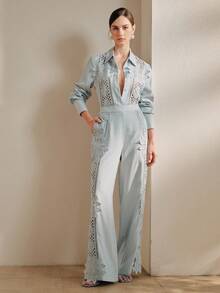 Anewsta Elegant Hollow Embroidered Lace Casual Outgoing Holiday Outfit, Unique Design, Women 2 Pieces Set - Blue - View 2