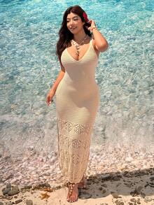 SHEIN EZwear 大码女式毛衣连衣裙，时尚优雅的春夏新款花卉图案休闲简约百搭通勤日常吊带裙 - 杏色 - 查看 4
