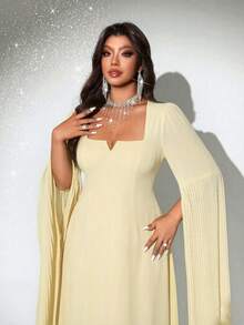 Viva Relle Plus Size Elegant Waist Cinching Split Sleeve Dress, Autumn - Light Yellow - View 2