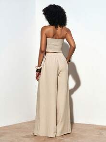 新款夏季休闲度假通勤波西米亚卡其色亚麻不规则褶裥背心+阔腿裤两件套，适合日常穿着、度假、旅行、海滩、西部风情、游牧生活方式、通勤、早午餐、机场穿搭、音乐节、演唱会、派对、节日、婚礼宾客着装 - A - 卡其色 - 查看 2