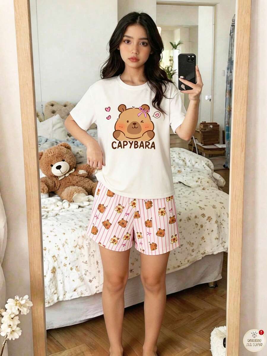 Bộ đồ ngủ ngắn tay cổ tròn, dễ thương, vui nhộn, mềm mại, đáng yêu dành cho bé gái tuổi teen, họa tiết Capybara hoạt hình, sọc hồng, vàng kem, phù hợp cho mùa hè - Nhiều màu - Xem 1
